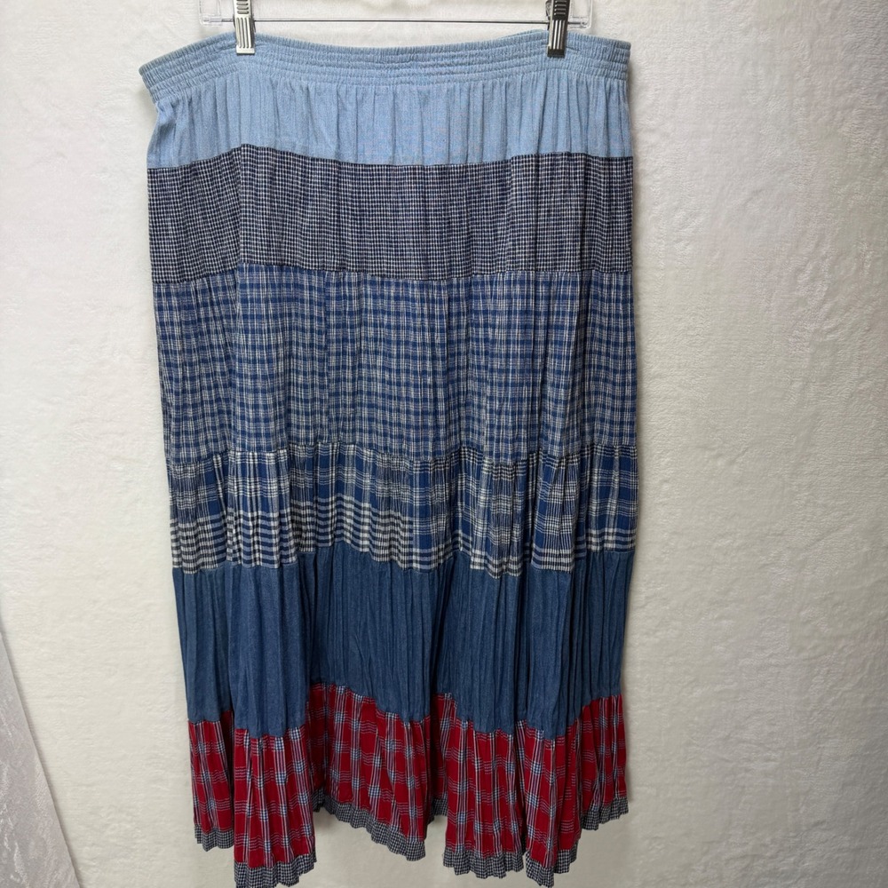 Napa Valley Red Blue Checkered Plaid Tiered Full Maxi Skirt Large Mature